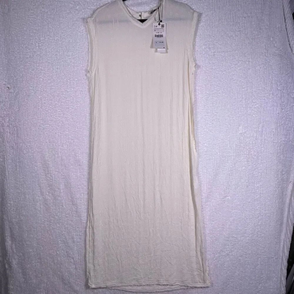 Zara Ivory Textured Raw Edges Keyhole Back Side Slit Tank Shift Dress Medium NWT